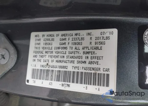 2010 Honda Accord 2.4 Lx-P из США, поврежденный, VIN 1HGCP2F46AA186882